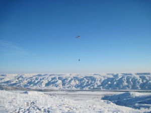 December helicopter lift in Dinosaur Provincial Park